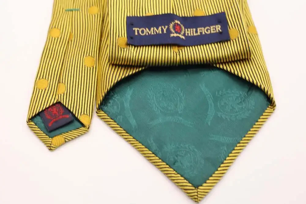 Vintage Tommy Hilfiger Gold Striped Silk Tie with Polka Dots and Crest Logo